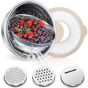 TeamFar 4-1 Colander with Bowl Set, Rotatable Colander for Kitchen, Stainless Steel Food Strainers and Colanders Mixing Bowl with Graters, for Veggies Fruits Washing, Pasta Straining - Khaki