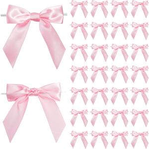 Pink Satin Ribbon Twist Tie Bows 5 Inch Pre-Tied Blush Pink Gift Bows for Crafts, Treat Bags, Party Favors, Wedding, Baby Shower, Candy Apple, Christmas Tree (36 Pack)