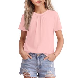 PATPAT Girls Pleated Short Sleeve T Shirt Size 15-16 Years Crewneck Pain Summer Shirts Tween Girl Casual Fashion Preppy Tops Tees Pale pink