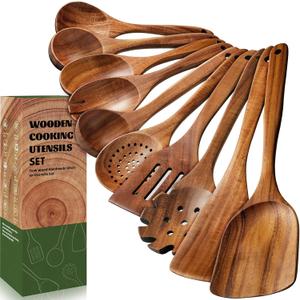 Terlulu 10 Pcs Wooden Spoons for Cooking, Natural Teak Wooden Kitchen Utensils Set, Durable Cooking Utensils Set with Comfort Grip for Cookware, Smooth Finish&NonStick& Heat Resistant Wooden Spatula