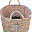 Boho Fabric Storage Basket Quilted Floral Print Baskets Organizer Bin with Handles for Home, Picnic, Shopping (Blue, L)