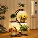 Dreyoo 3 Tiered Metal Plant Shelf with Grow Lights, S Shaped Indoor Stand for Living Room, Bedroom, Patio (Black)