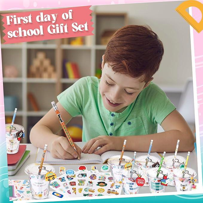 Back to School Party Favor Set - Classroom Supply Kit With Pencils, Erasers, Sharpeners, Stickers, Whistlers & Plastic Cups - Fun Reward Gifts for Kids and Teachers