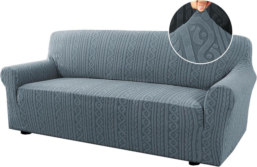 H.VERSAILTEX Stretch Sofa Slipcovers Soft Sofa Covers Washable 1 Piece Sofa Covers with Elastic Bottom for Kids,Dog Upgrade Thick Jacquard Fabric with Spiral Pattern(58"×70", Stone Blue)