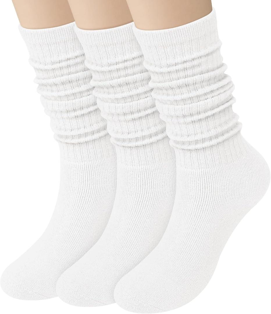 8 x Chalier 3 Pairs Wool Socks for Women Winter Slouchy Boot Socks Thick Warm Long Hiking Scrunch Crew Sock (White)