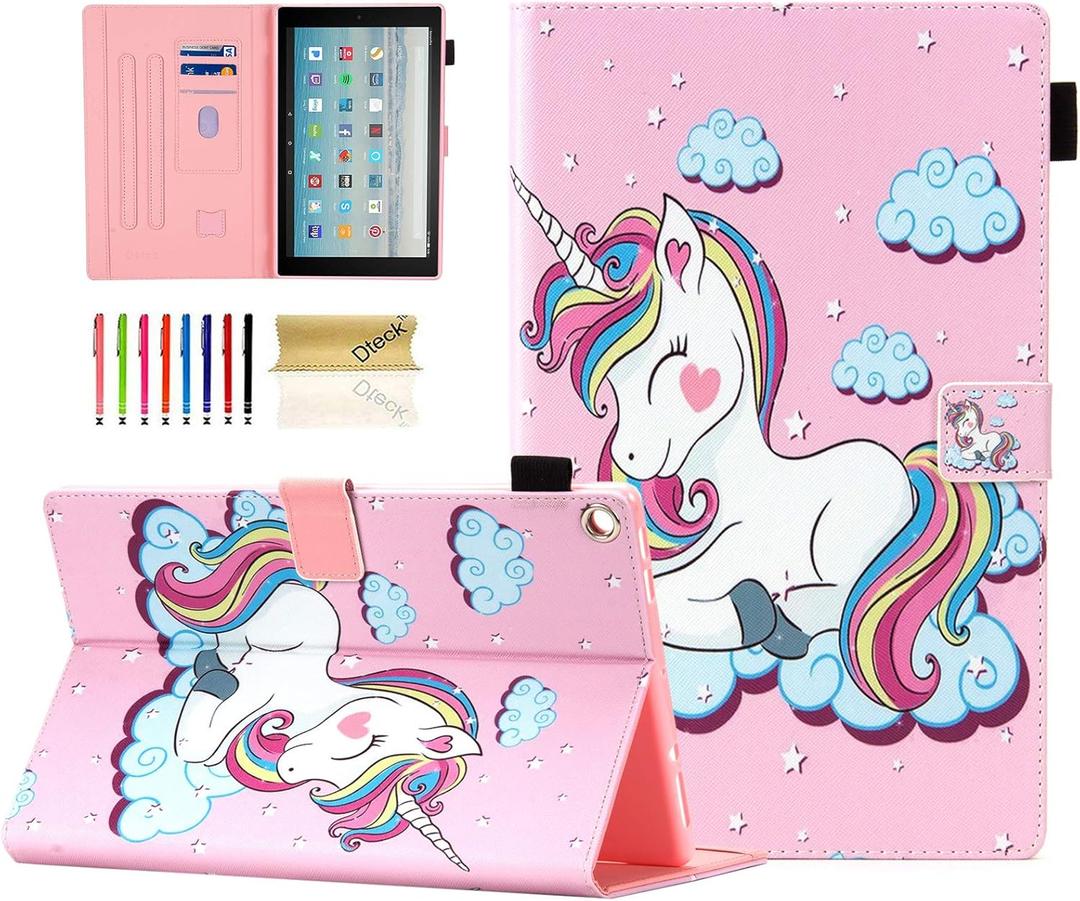 Dteck Case for All-New Fire HD 10 Tablet 10.1 Inch (9th/7th/5th Generation, 2019/2017/2015 Release) - Slim Premium PU Leather Folio Stand Magnetic Cover with Auto Wake/Sleep, Pink Unicorn