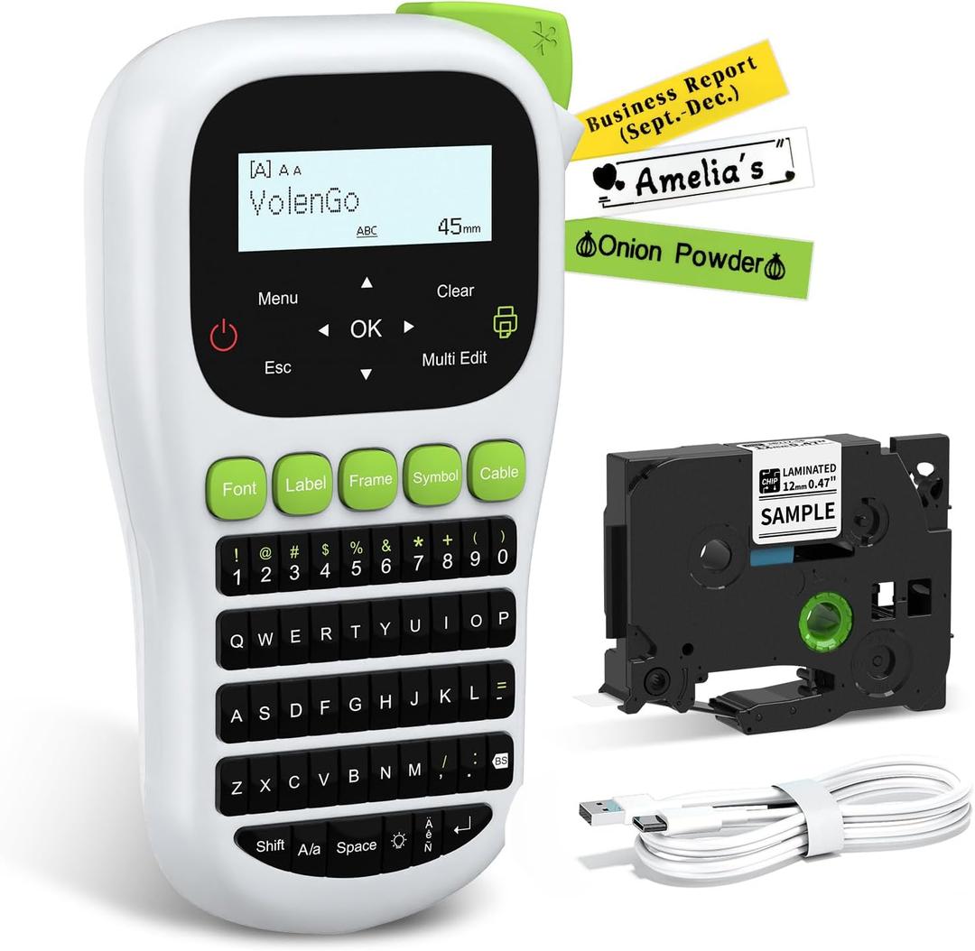 H1100 Label Maker Machine with Tapes 12mm Laminated, Backlit Handheld Label Maker Waterproof-Labels, QWERTY Keyboard & Multi Fonts, Portable Inkless Label Printer for Home Office Organization