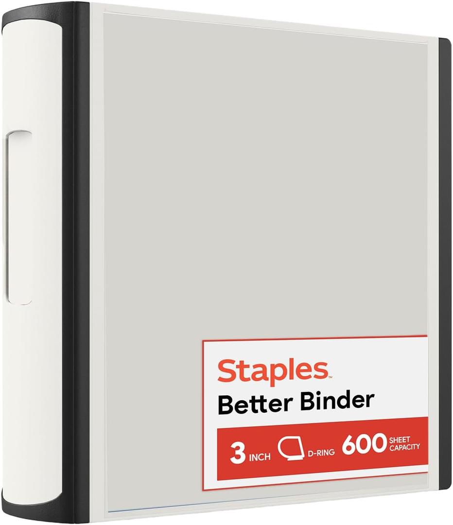 Staples Heavy-Duty 3-Inch D-Ring Binder, White Large Capacity 3-Ring Binder with Pockets, Holds Up to 600 Sheets