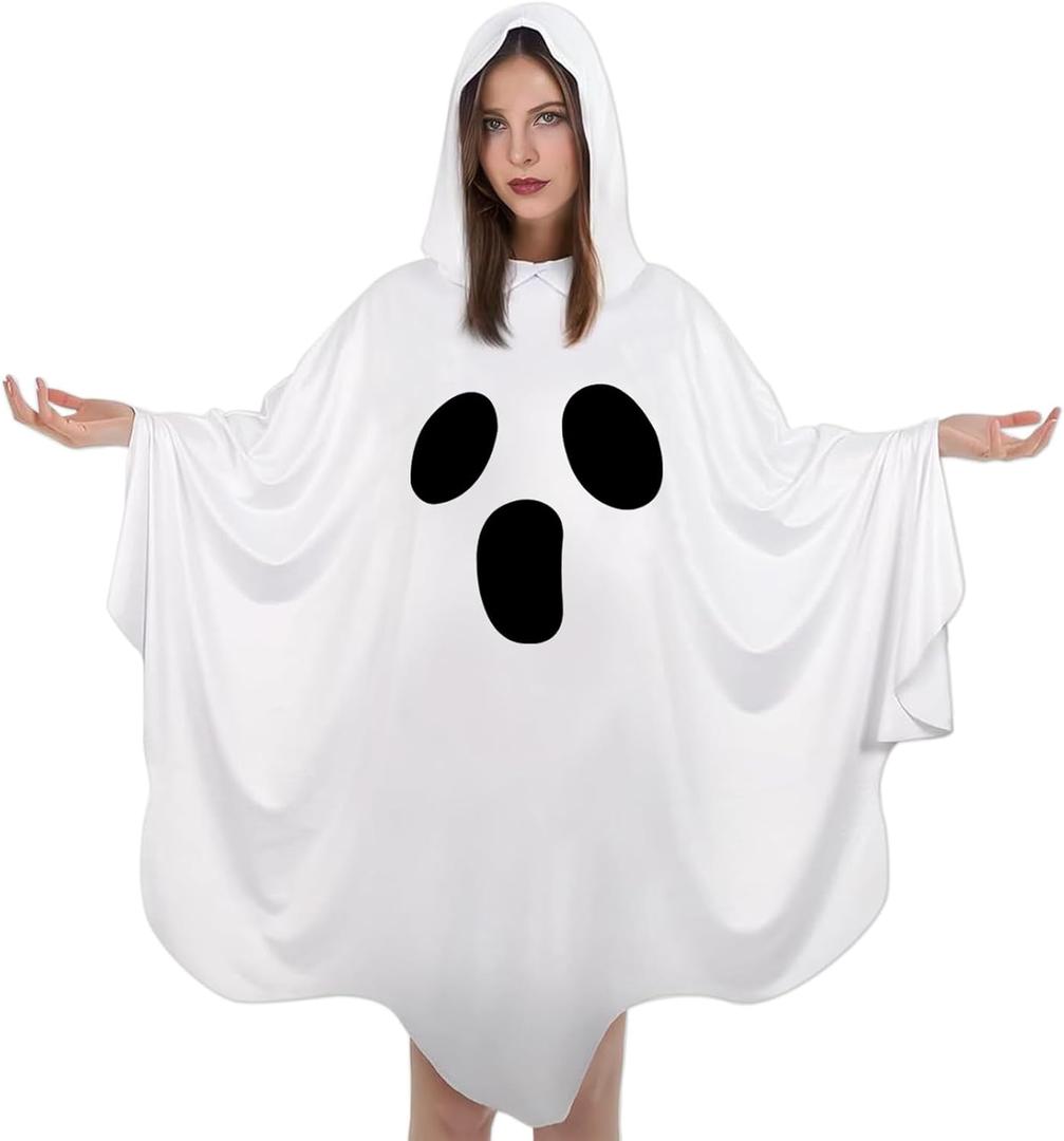 Ghost Costume White Poncho Cloak Boo Cape for Halloween Spooky Party Decoration (White)