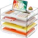 YKLSLH 4 Trays Paper Organizer Letter Tray - Acrylic Desk File Organizer, Stackable Clear Paper Holder Sorter Office Organizer for Letter/A4, Office File Ipad Books Notes Etc (4 Tier-horizontal)