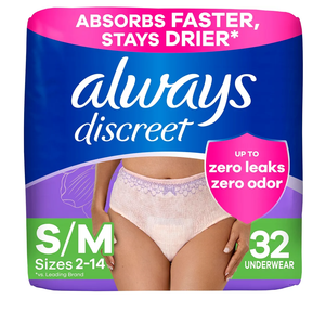 Always Discreet Adult Incontinence Underwear for Women and Postpartum Underwear, Small/Medium, Up to 100% Bladder Leak Protection, 32 Count