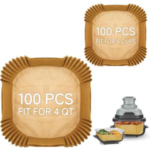 200PCS Air Fryer Liners for Ninja Crispi - FN101, Disposable Parchment Paper Liners - 100 Large (4QT) & 100 Small (6-Cup), Non-Stick, Square, Bleach-Free Accessories