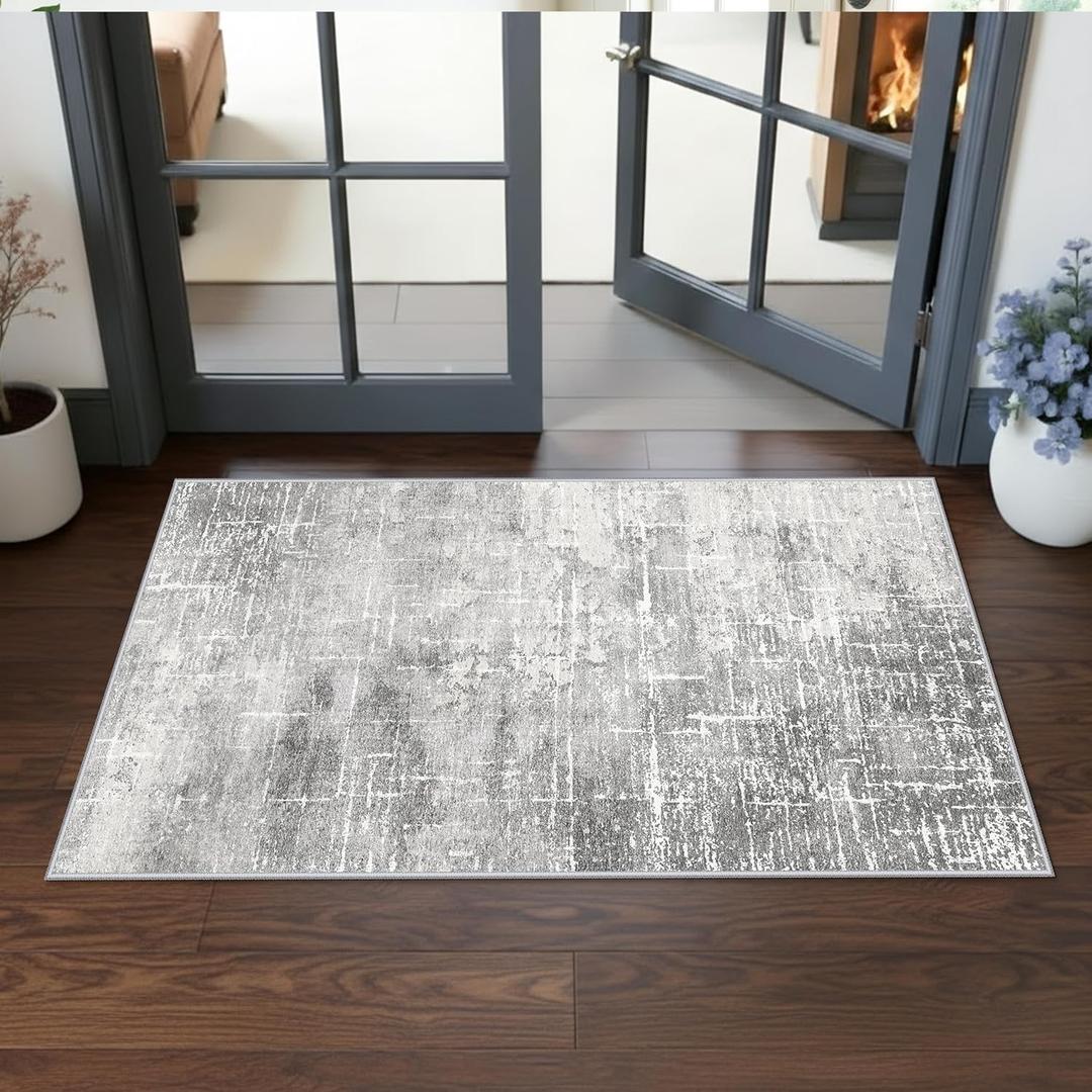 Washable 2x4 Entryway Area Rugs: Non-Slip Abstract Water Resistant Kitchen Rug Durable Doormat Soft Bedroom Carpet Indoor Low Pile Floor Mat for Bathroom Dining Room Hallway Runners(2x4,Light/Grey)