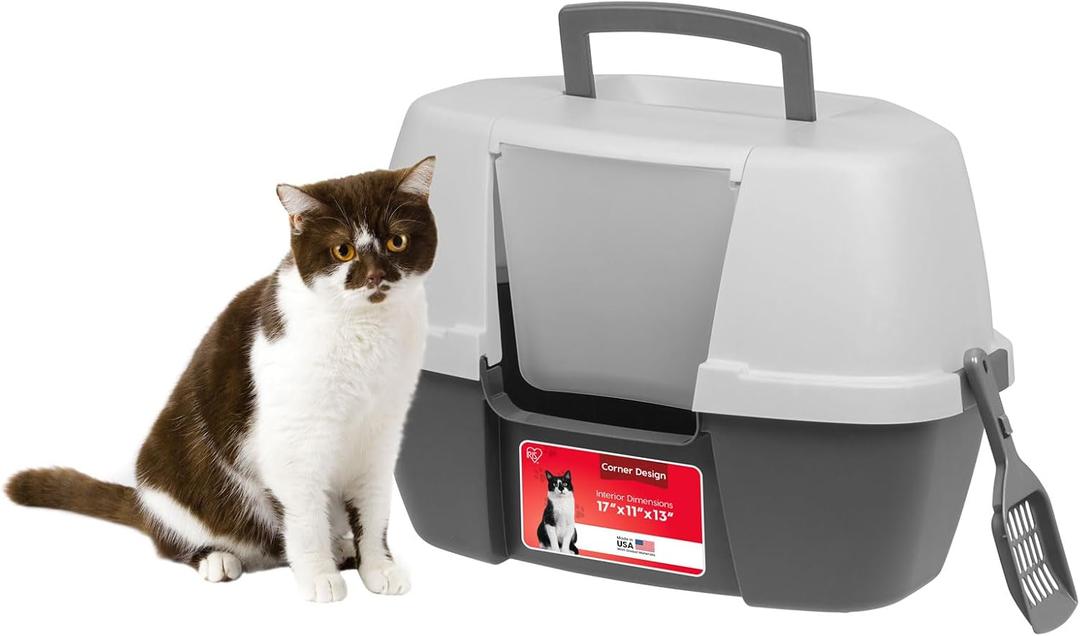 IRIS USA Cat Litter Box - Enclosed Corner Litter Box with Scoop, Hooded Litter Tray for Corners, Space-Saving Covered Litter Box, Odor Defensive, Dark Gray, 21"L x 16.13"W x 14.25"H