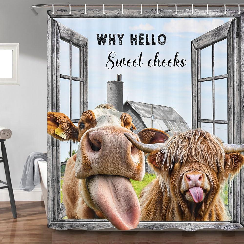 Funny Highland Cow Shower Curtain, Rustic Cute Bull Cattle Barn Door Decor Bath Curtain, Farmhouse Farm Animal Bathroom Accessories with Hooks 69X 72 Inch