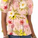 Rapbin Womens Summer Tops Round Neck Blouses Loose Puff Short Sleeve Cute Babydoll Tops Casual Dressy T-Shirts 2026（Pink Floral XL） (XL)