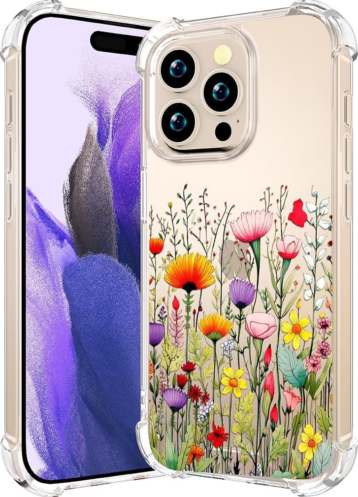Compatible with iPhone 16 Pro Case Clear Cute for Women - Rugged Phone Cases Funda Protector Cover Skin (Yellow Florals Field Spring)