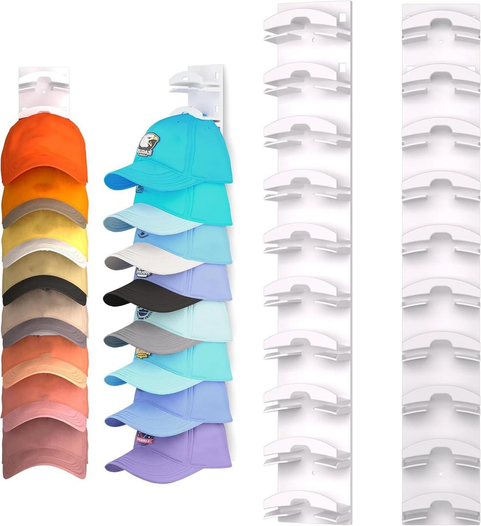 2 Pack Hat Organizer for Baseball Caps, Hat Rack for Wall with Strong Adhesive, Hold Up to 20 Hats, Hat Rack for Door Closet, Multi-Tier Hat Organizer, Two Mounting Options (White)