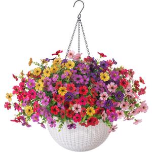 Artificial Faux Hanging Flowers Plants Basket for Outdoor Outside Decoration, Fake Silk Colorful Daisy in Planter for Porch Patio Garden Yard Home (6 Multicolor)