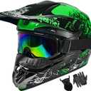 Dirt Bike Helmets Adult Motocross, Motorcycle, BMX, ATV, Off-Road, Moutain Bike Helmets Adjustable Sun Visor Dot Approved (Goggles Gloves Faceshield) (Green, Large)