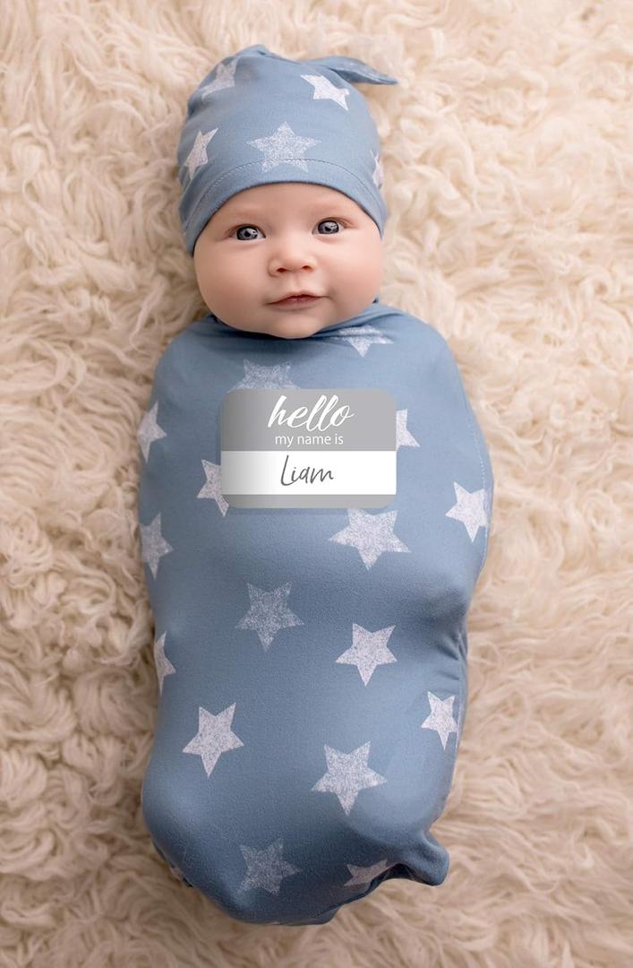 Itzy Ritzy Cocoon & Hat Swaddle Set - Swaddle for Newborns Includes Name Announcement Card & Jersey Knit Cocoon & Hat Set, Perfect for Newborn Photography - for 0 to 3 Months (Blue Stars) (Pack of 1 Set)