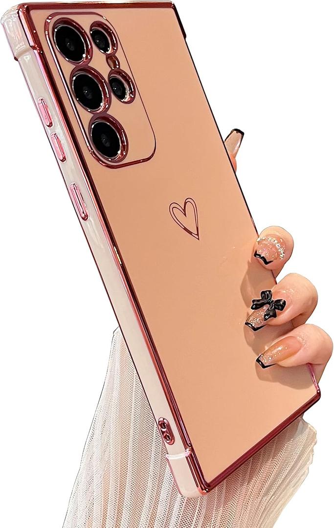 DEFBSC Compatible with Samsung Galaxy S25 Ultra Case with Gold Heart, Luxury Plating Edge Bumper Cute Case with Full Camera Protection for Women Girls, Anti-Scratch Shockproof Phone Cover, Pink