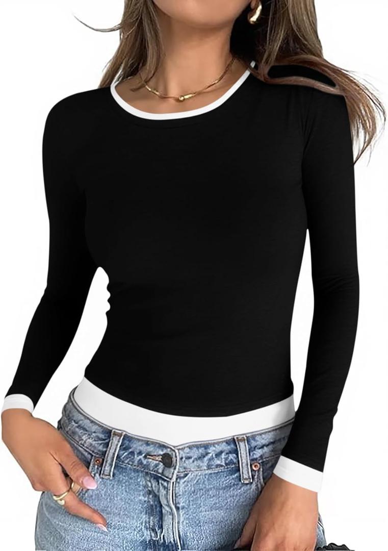 Cicy Bell Womens Long Sleeve Tops Patchwork Crewneck Slim Fit Shirts Going Out Casual Fall Basic Tees (Black, M)