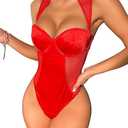 WDIRARA Women's Mesh Cut Out Teddy One Piece Underwire Choker Lingerie Bodysuit, Small