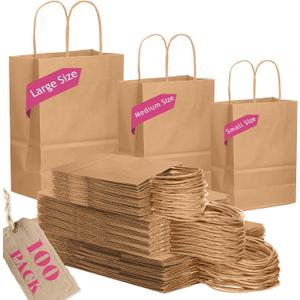 qiqee 100-Packs Brown Paper Gift Bags with Handles Bulk Assorted Sizes(33pcs Large 13", 33pcs Medium 11", 34pcs Small 8")