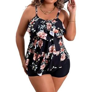 B2prity Women Plus Size Tankini Swimsuits Tummy Control Two Piece Bathing Suit Ruffled Flounce Swimwear with Shorts, XL