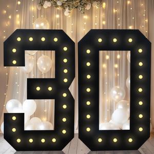 4FT Marquee Light Up Numbers, Black Giant Marquee Number Big Mosaic Number for 30th Birthday Party Decorations Backdrop 30 Anniversary Decor, Pre-Cut Frame Large Number 30