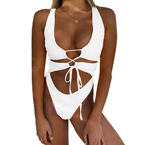 CHYRII Women's White Sexy Cutout Lace Up Backless High Cut One Piece Swimsuit Monokini M