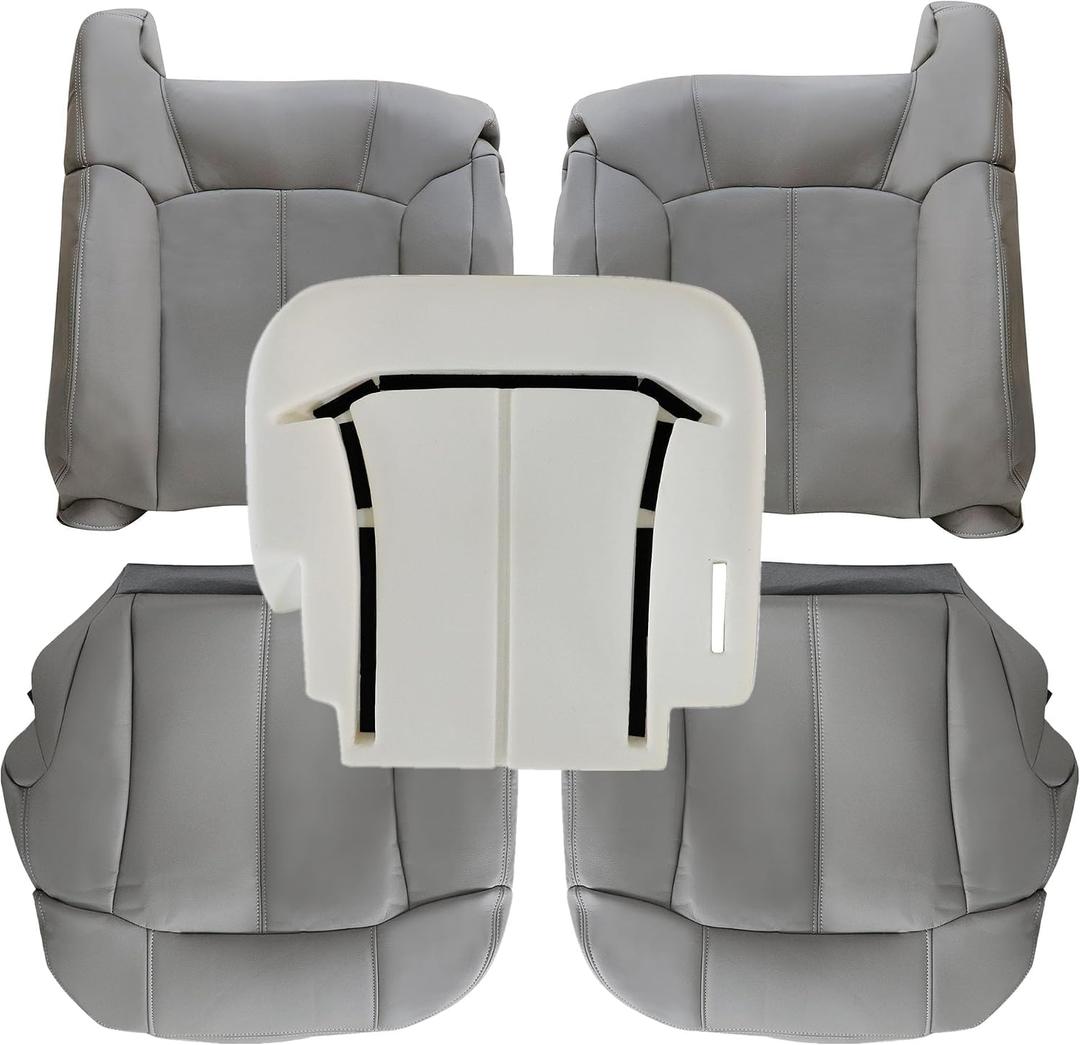 GXARTS Driver and Passenger Side Bottom and Top Lean Back Leather Seat Cover and Driver Foam Cushion Pewter Gray 922 Fit for Chevy Silverado Tahoe Suburban Yukon GMC Sierra 1500 2500 3500 1999-2002