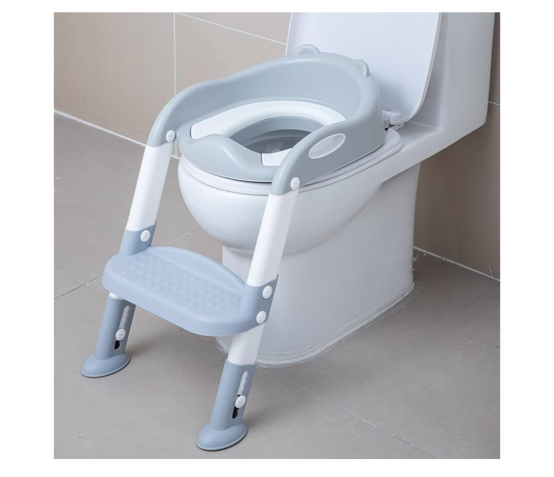 Potty Training Toilet Chair Seat with Step Stool Ladder for Kids and Toddler Boys Girls - Foldable Height Adjustable Children Toilet Training Seat with Safe Handles & Anti-Slip Pads, White-Grey