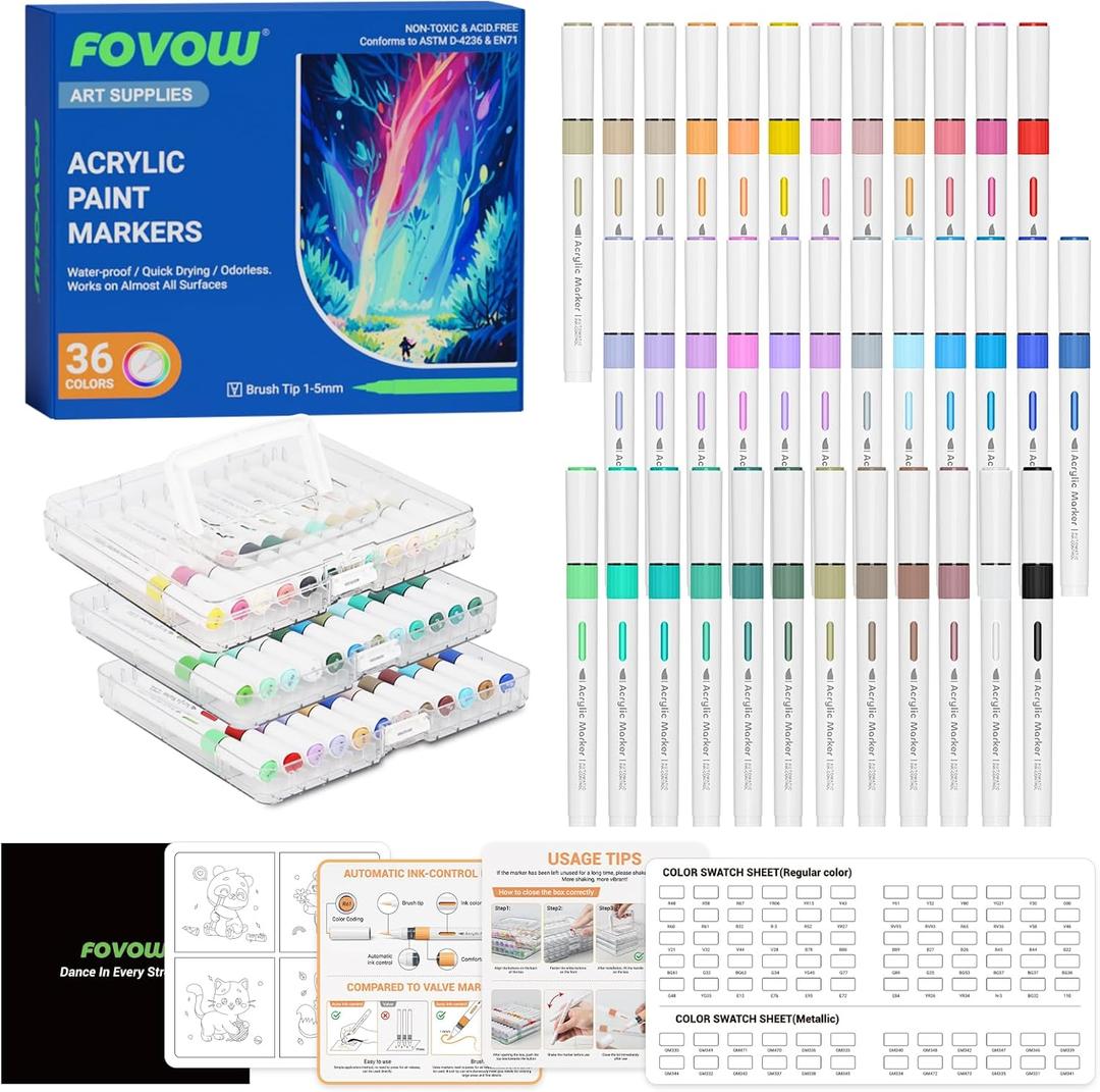 36 Colors Automatic Ink Control Acrylic Paint Pens, Brush Tip Acrylic Paint Markers, Acrylic Markers Set for Rock Painting, Wood, Glass, Fabric, Ceramic, Canvas, DIY Crafts & Art Supplies