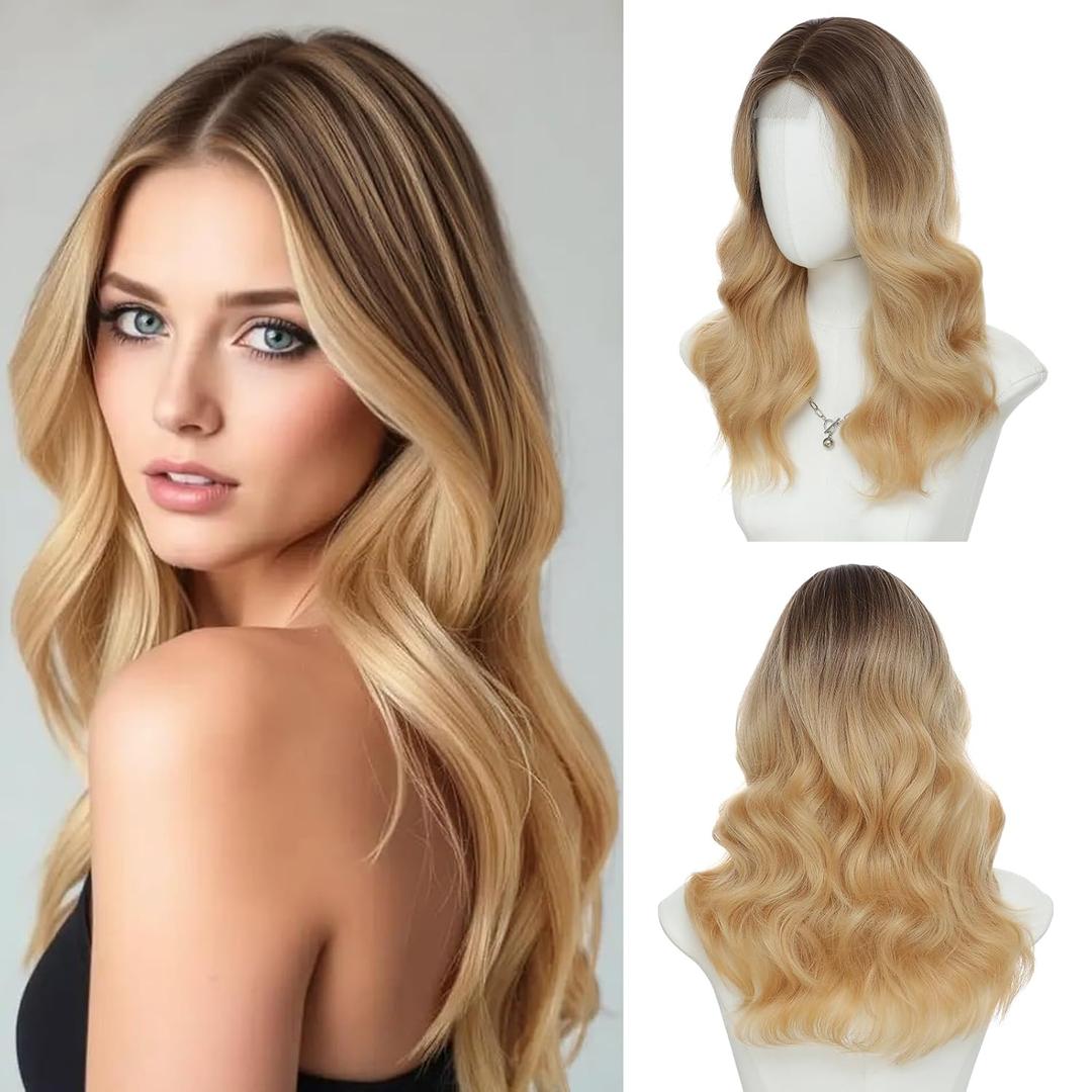 Strawberry Blonde Medium Length Wigs for Women 18 Inch Middle Part Synthetic Hair Wavy Wig - Natural Hairline Wig for Daily Party/Halloween Use(Strawberry Blonde,18 Inch)