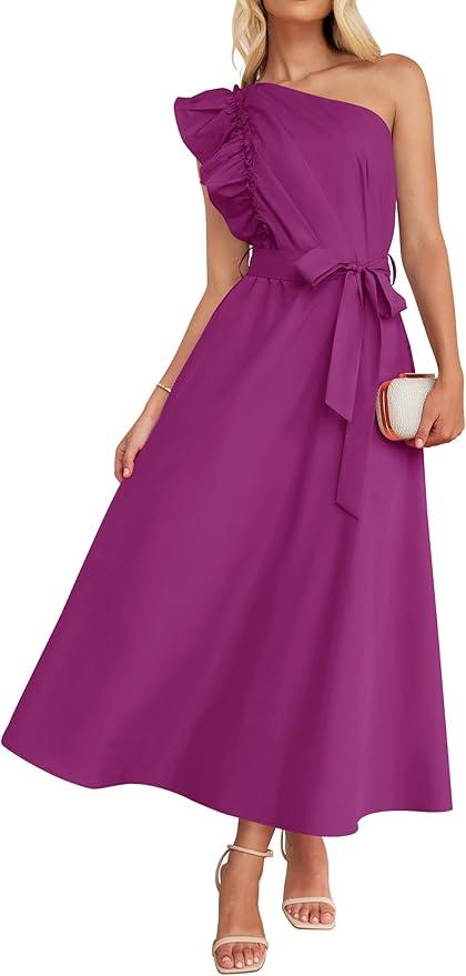 ZESICA Women's 2025 Summer One Shoulder Ruffle Dress Sleeveless Empire Waist Boho Flowy Maxi Dresses, XL