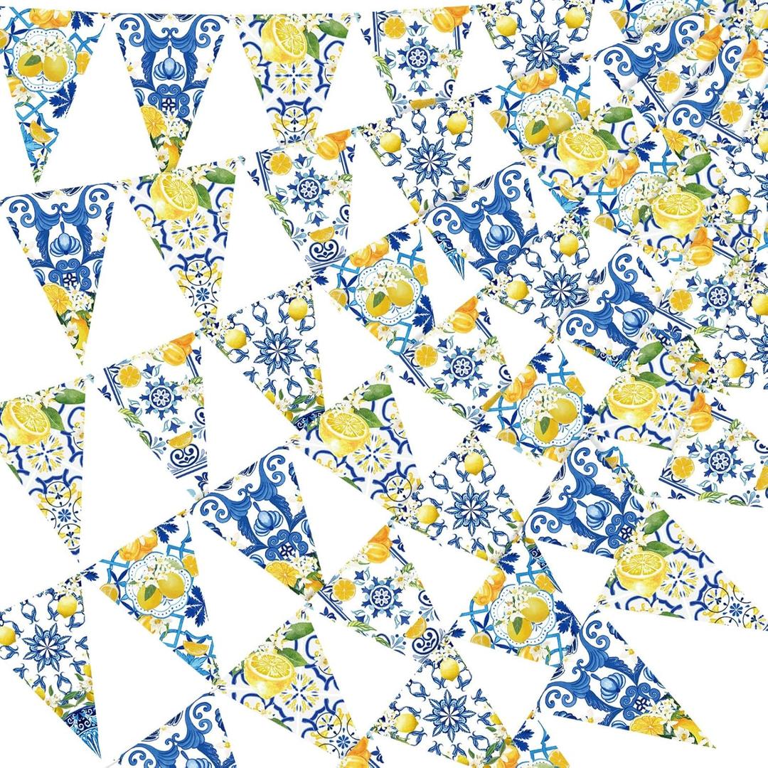 Faccito 5 Pcs Blue Tiles Lemon Decor Lemon Bunting Banners Blue Tiles Paper Pennant Garlands Lemonade Hanging Triangle Flags for Wedding Birthday Bridal Shower Bachelorette Party Decorations