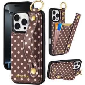 Petitian for iPhone 16 Pro Wallet Case - Women Girls Cute Girly Aesthetic Unique Design Leather Credit Card Holder Phone Cover Stand Wristband for iPhone 16 Pro, Brown Polka
