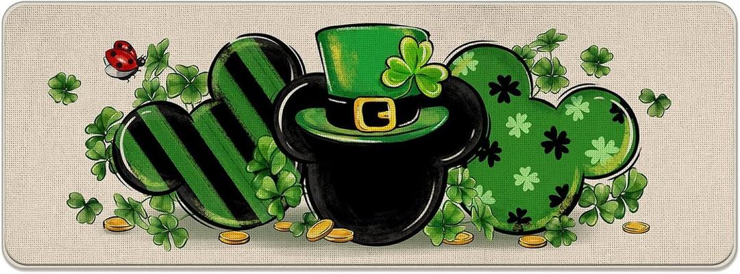Pycat St. Patrick's Day Kitchen Rugs Set, Shamrock Clover Top Hat Stripes Kitchen Mats Decor, Gold Irish Holiday Floor Door Mat Home Decorations -17x47