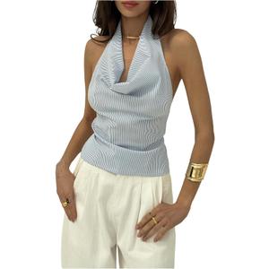 SOLY HUX Women's Striped Deep V Neck Bow Tie Backless Halter Blouse Tops Y2k Sleeveless Shirts (XS)