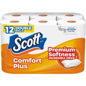2 x Scott ComfortPlus Toilet Paper, 12 Double Rolls, 231 Sheets per Roll, Septic-Safe, 1-Ply Toilet Tissue