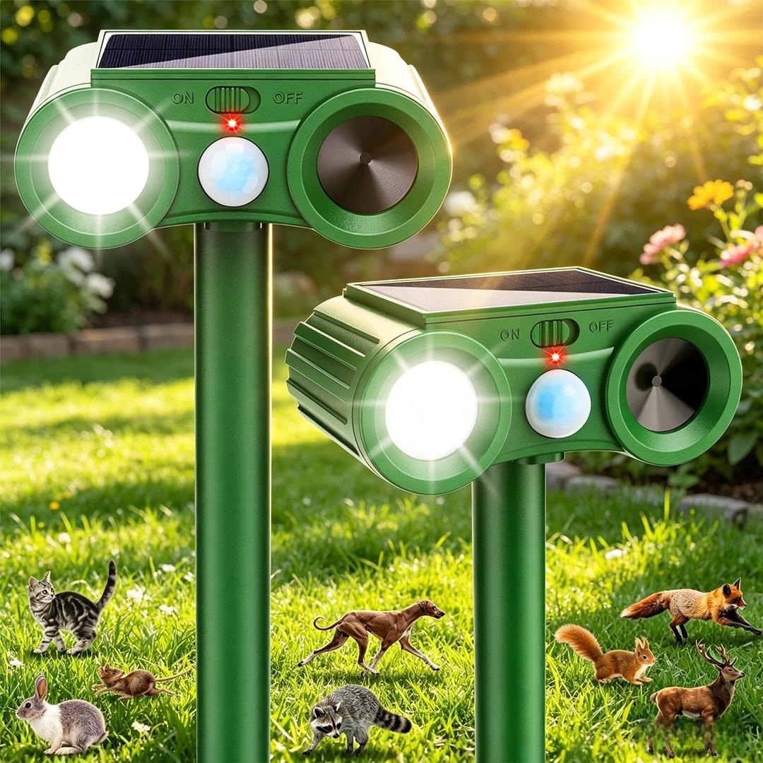 2 Pack Solar Ultrasonic Animal Repellent Outdoor with Motion Sensor & USB Charging -Waterproof Sonic Fortress Pro Animal Deterrent Devices for Cat,Deer,Rabbit,Squirrel,Dog,Raccoon,Skunk in Garden Yard