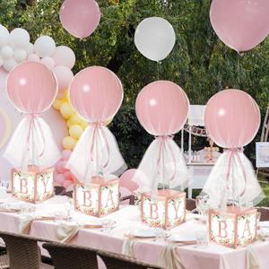 4 Set Pink Girl Tulle Tutu Balloon with Letter Boxes Baby Shower Table Centerpieces Decor for Gender Reveal 24'' Balloons White Tulle Cover with Stand, Boxes for Girl Boy Wedding Birthday witch Party