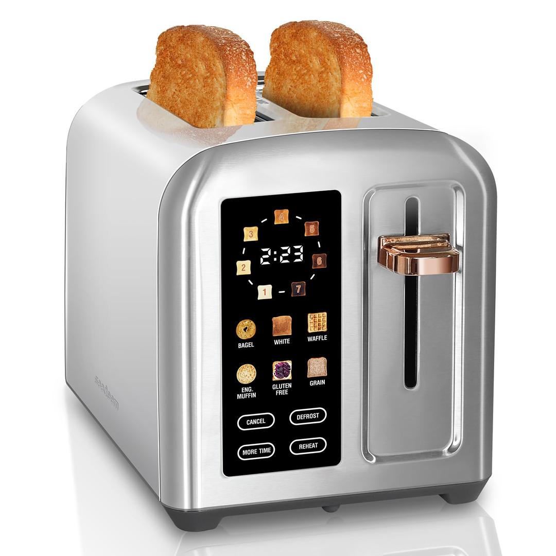 SEEDEEM Toaster 2 Slice, Full Touch Control Stainless Toaster, LCD Display, 50% Faster Heating Speed, 6 Bread Type, 7 Shade Setting, 1.5''Wide Slots, Removable Crumb Tray, 1350W, Silver Metallic