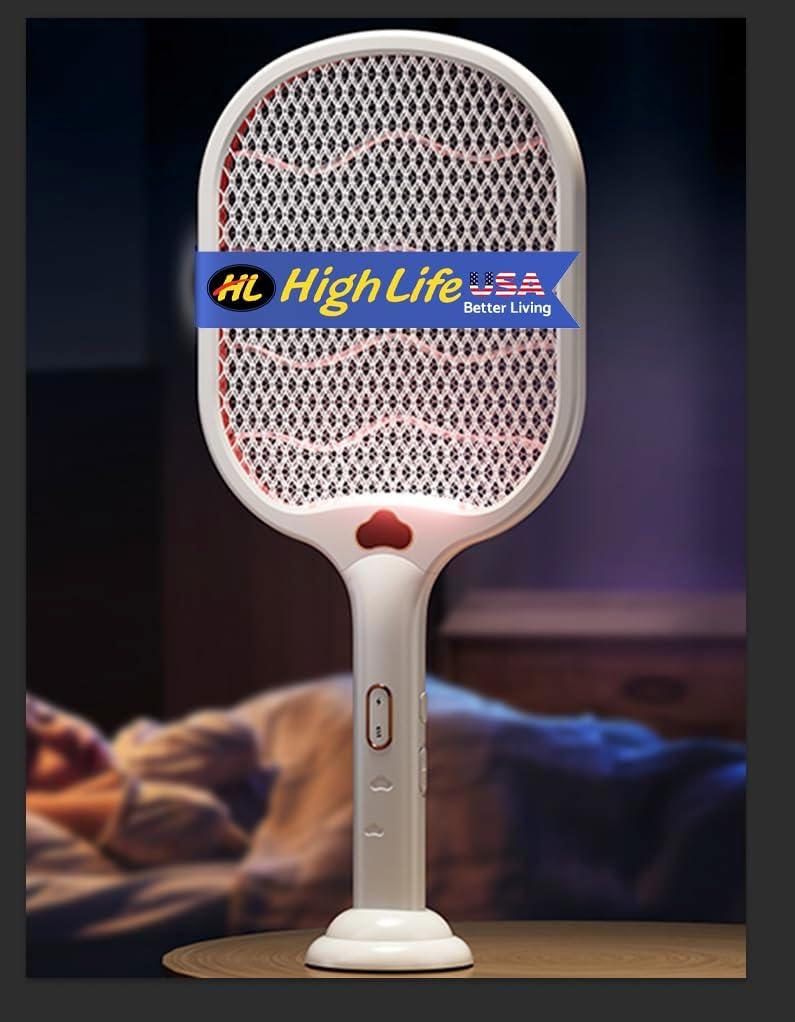 Bug Zapper Racket Electric Fly Swatter with UV Light, USB Rechargeable Mosquito Killer Dual Modes 3 Layer Safety Mesh 2 in 1 Indoor and Outdoor Use (White)