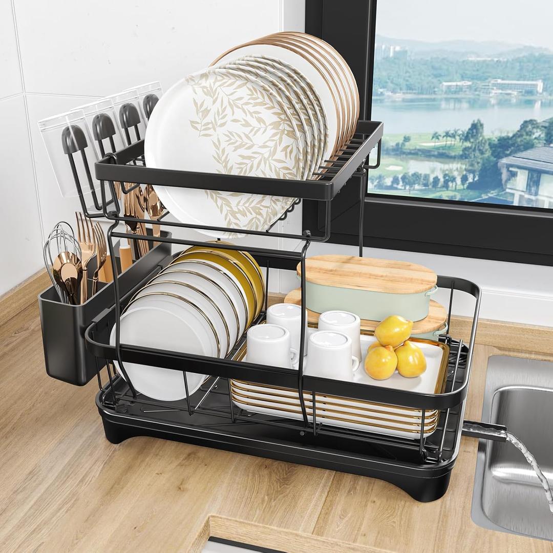 Dish Drying Rack, 2-Tier Large Dish Drying Rack for Kitchen Counter  Space Saving Dish Drainer Organizer with Utensil Holder and Cutlery Tray, Black