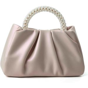 Beatfull Evening Purse Women Small Pearl Handbags Soft Leather Ruched Bag Wedding Bridal Clutch Party Prom Crossbody Purses (Pink)