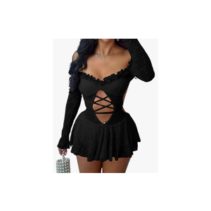 Long Sleeve Mini Dresses for Women Hollow Out Bandage Robe Club Sweet Slim Short Dress M