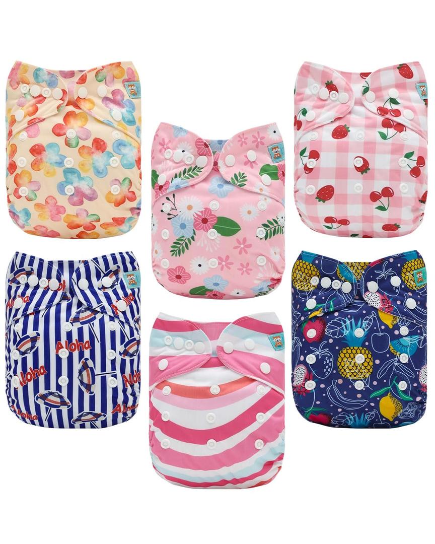 ALVABABY Baby Cloth Diaper 6 Pack with 12 Inserts One Size Cloth Diaper Covers Adjustable Washable Reusable for Baby Girls and Boys (Small Yellow Flower/Pink Flower/Plaid Cherry/Blue Umbrella/Colorful Ripple/Purple Fruit)